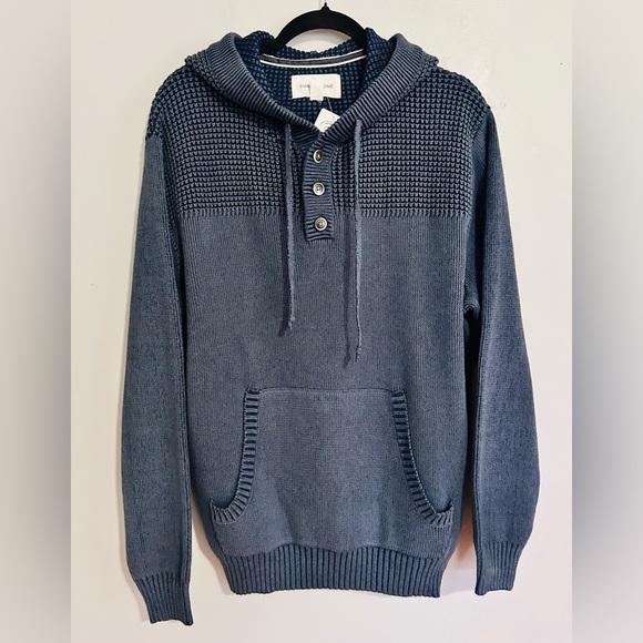 Sun + Stone Textured Knit Hoodie M Blue Cotton Henley Coastal Dadcore Nwt